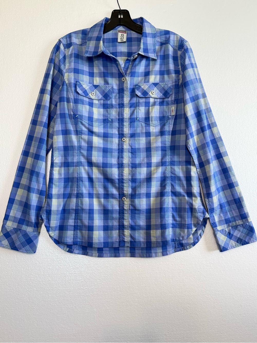 Stio Miter Western Cotton Stretch Shirt Women's M Blue Plaid Long Sleeves